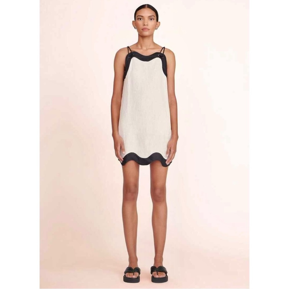 STAUD Renata Dress - Cream & Black Linen Trapeze Rope Strap Mini Dress sz M - Picture 2 of 11